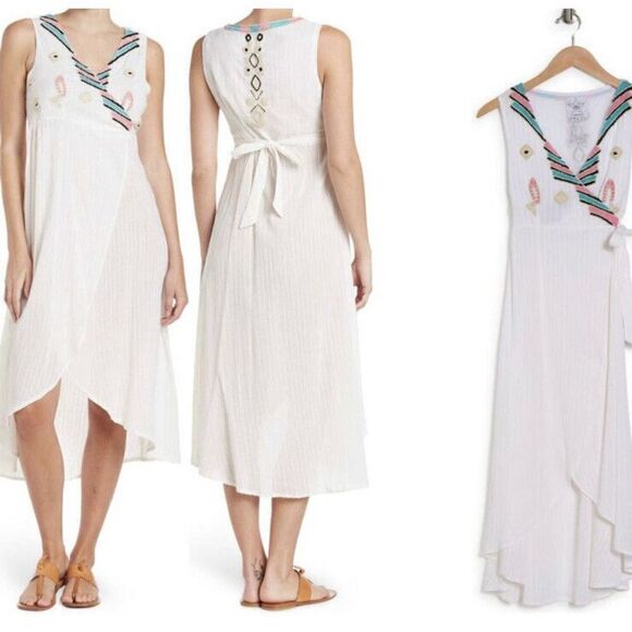 Area Stars Womens Sz S MAYAN Wrap Dress White Midi Embroidered NWT $150 - Picture 1 of 12